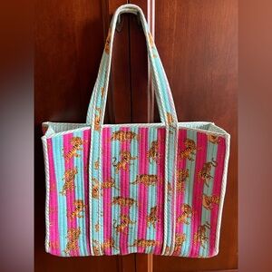Folklore Couture Quilted Tiger Tote Bag Pink Blue Large Cotton